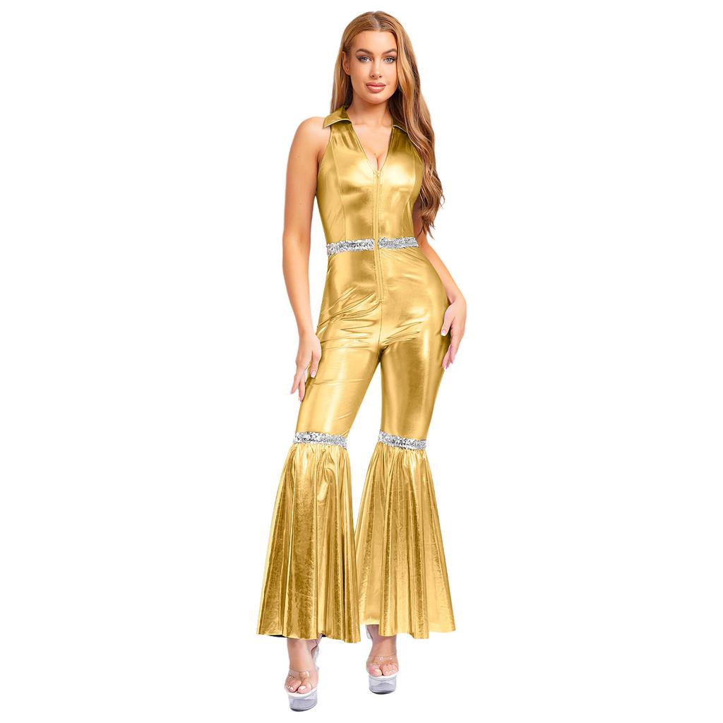 Dámský Retro Disco Kombinéza Límec V výstřih Bez rukávů Design s flitry Zvonové Kalhoty Přední zip Kombinéza
