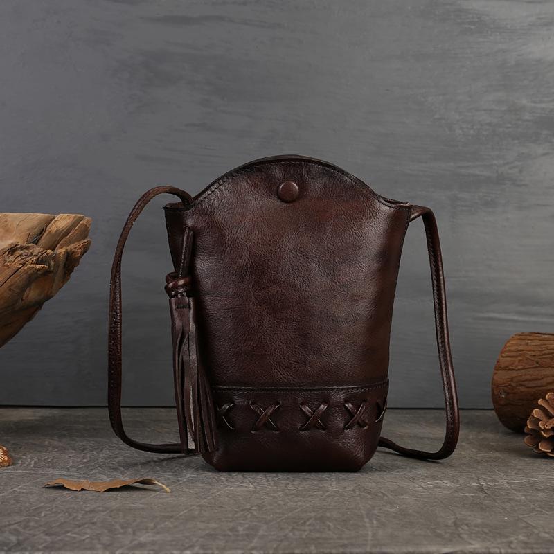 

Винтажная плетеная сумка-ведро с кисточками из натуральной кожи - Женская сумка кроссбоди и на плечо для телефона