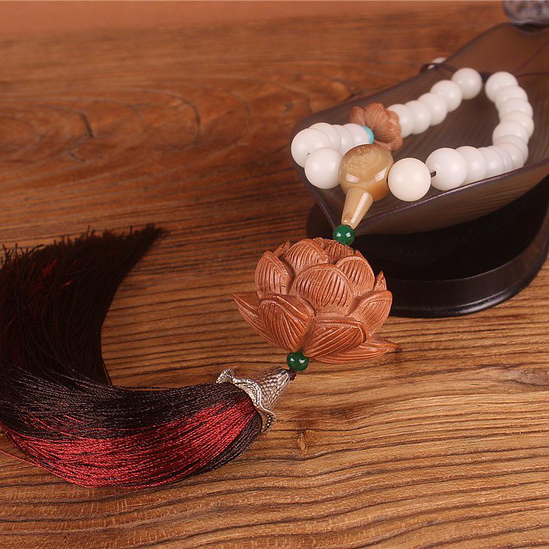 Natural White Jade & Peach Wood Lotus Pendant for Rearview Mirror