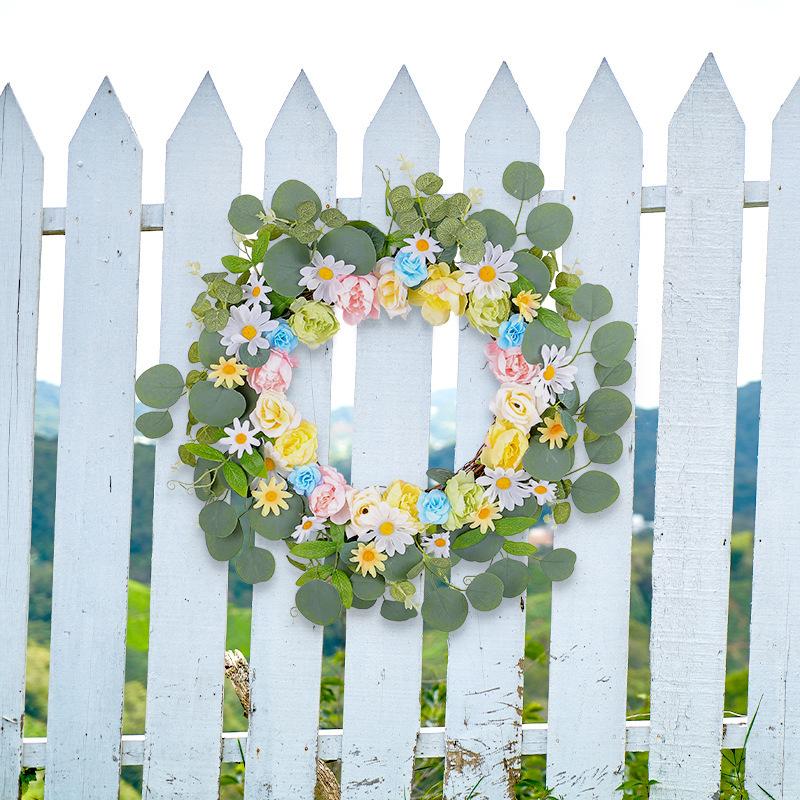 Spring Artificial Flower Daisy Wreath Summer Colorful Rose Wreath Door Hanging Outdoor Garden Decorations