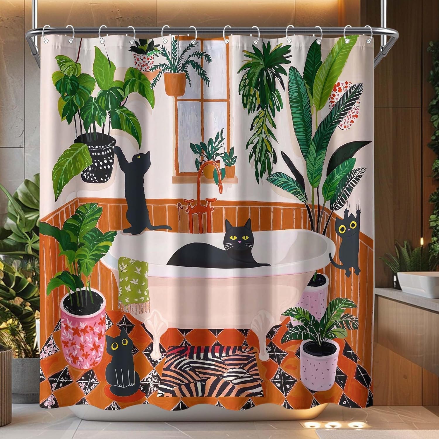 Cat Shower Curtain Boho Shower Curtain for Bathroom Medieval Bohemian Bathroom Curtain Vintage Tropical Leaves Shower (as the picture,W90xH180cm-35x70in)