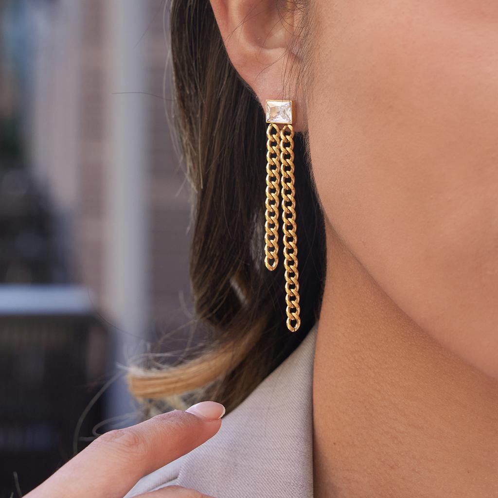 Uworld Classic 18K Plated Gold Color Square Zircon Earrings Women Two Asymmetrical Chain Tassel Earring Stainless Steel Jewelry