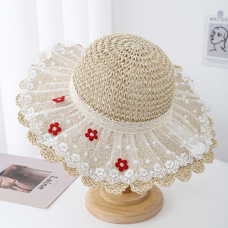 Summer Women's Wide Brim Straw Beach Sun Hat With Lace Mesh Design Breathable For Outdoor Packable Travel Sunscreen Sunhat