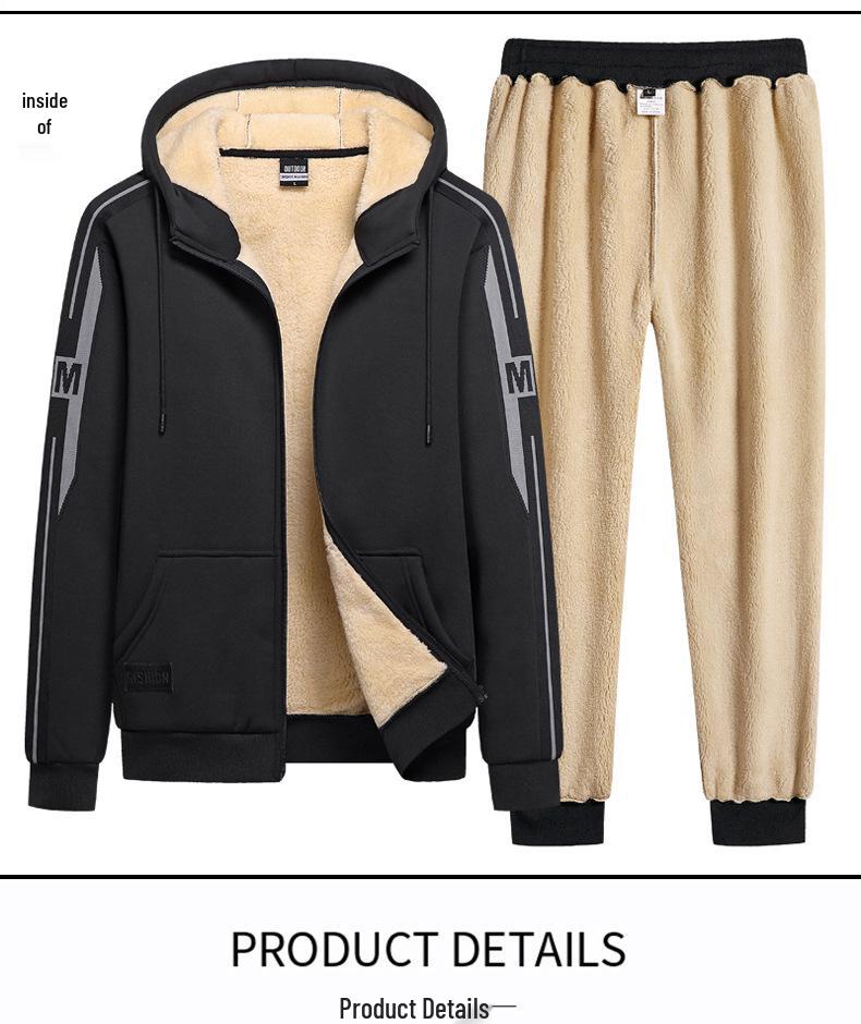 Plus Size Trendy Lambswool Hooded Jacket & Trousers Set for Fall/Winter