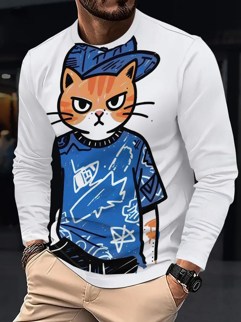 Men's cat print long-sleeved T-shirt, casual crew neck breathable pullover, suitable for casual wear.
