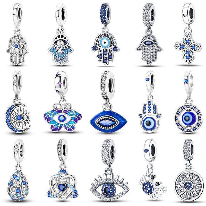 Exquisite 925 Silver Mysterious Blue Butterfly Devil's Eye Fatima's Hand Pendants Charms Beads Fit Qikaola Bracelets DIY Jewelry