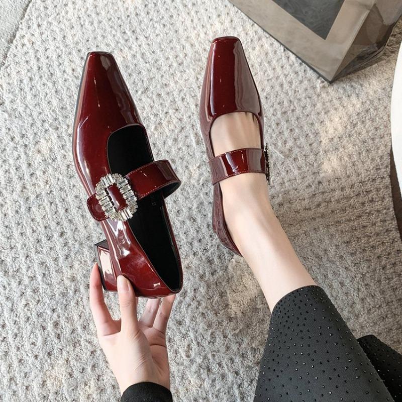 Fashion Clearing Warehouse Mary Janes Shoes for Women Leather Shoes Low Heels Black Leather Rhinestone Buckle Soft Comfortable Pumps
