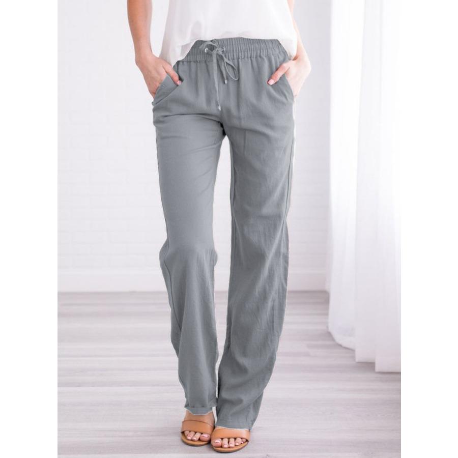 

GMXIA Весна Лето Однотонные Хлопково-льняные Свободные Брюки Кэжуал с Кулиской и Широкими Штанинами Женские XXXL