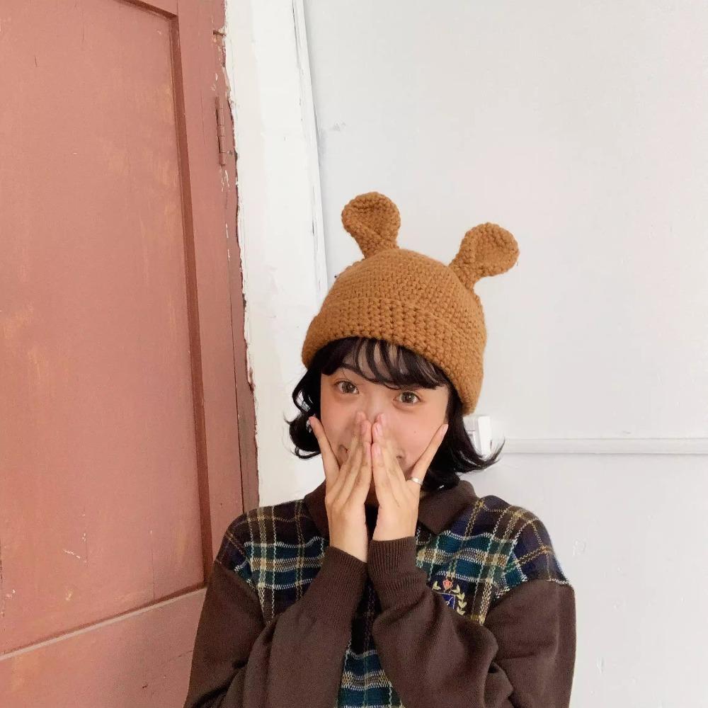 with Ears Cartoon Skullies Beanie Crochet Knit Cap Cute Winter Knitted Hat  Men Women