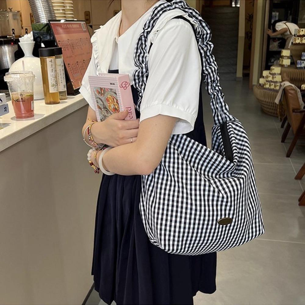 Drawstring Canvas Crossbody Bag Y2k Underarm Bag Fashion Plaid Shoulder Bag Women