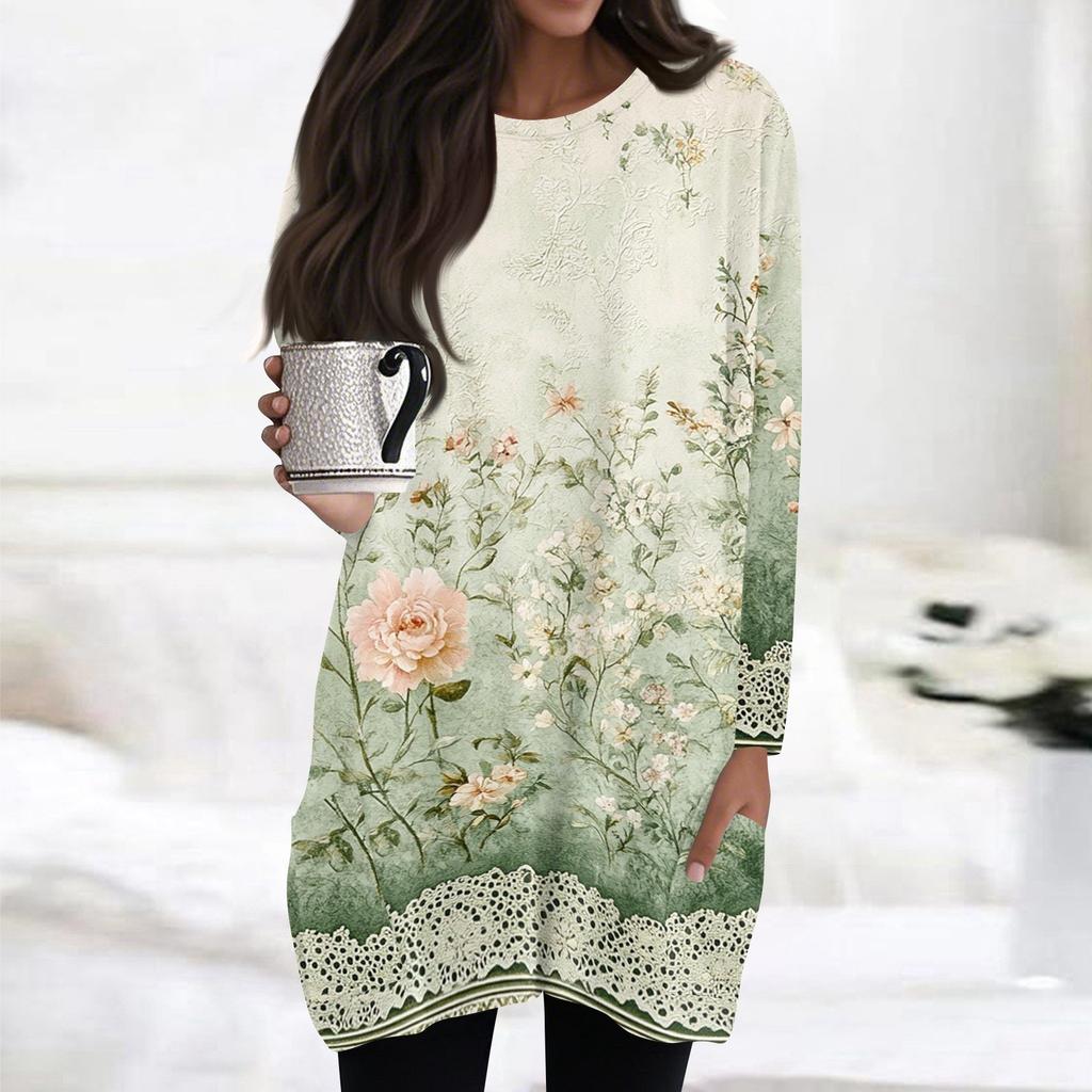 Womens Tops Round Neck Long Sleeve Blouses Casual Mid-length Shirts Fashion Print Tunic Tops With Pockets