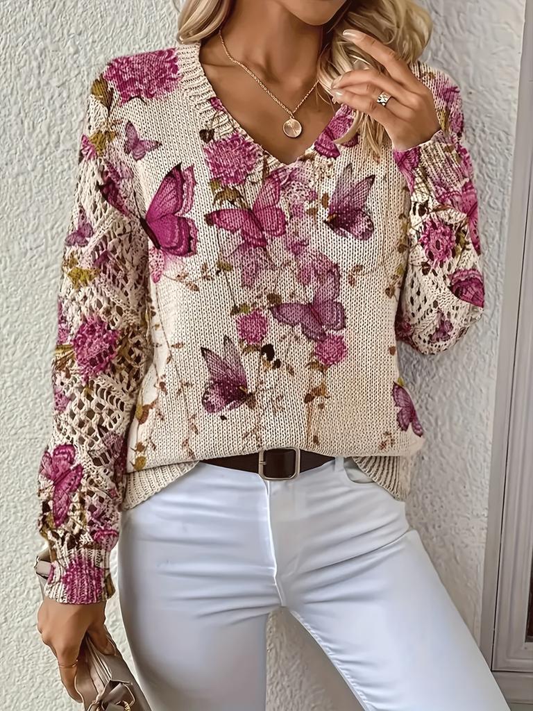 Neues bedrucktes V-Ausschnitt-Oberteil Damen beliebter Pullover Langarm Frühling und Herbst Pullover