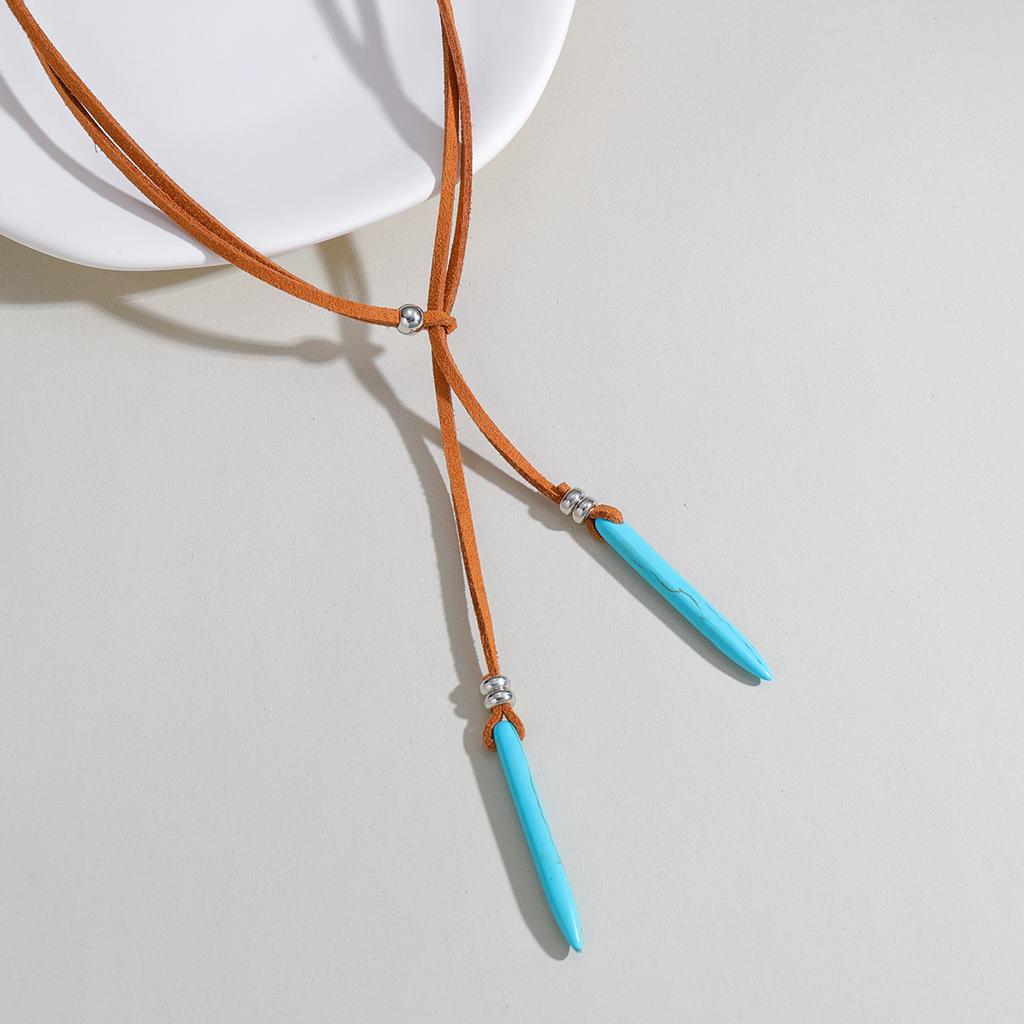 Retro Geometric Turquoise Double Pendant Velvet Leather Y-shaped Women's Necklace