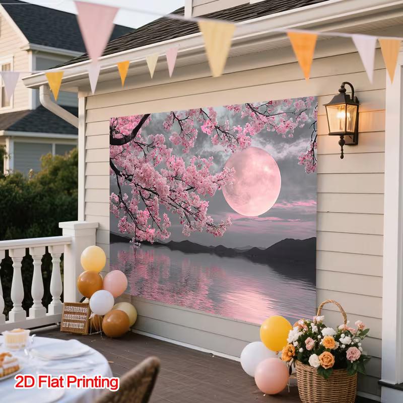 Sfondo Lago di Sakura Notturno 2D con Riflesso della Luna Rosa
