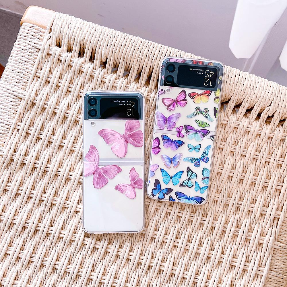 For Samsung Galaxy Z Flip 4 3 Case Butterfly Painted Bracelet For Samsung Z Flip3 Case Transparent Shockproof Pc Hard Back Cover