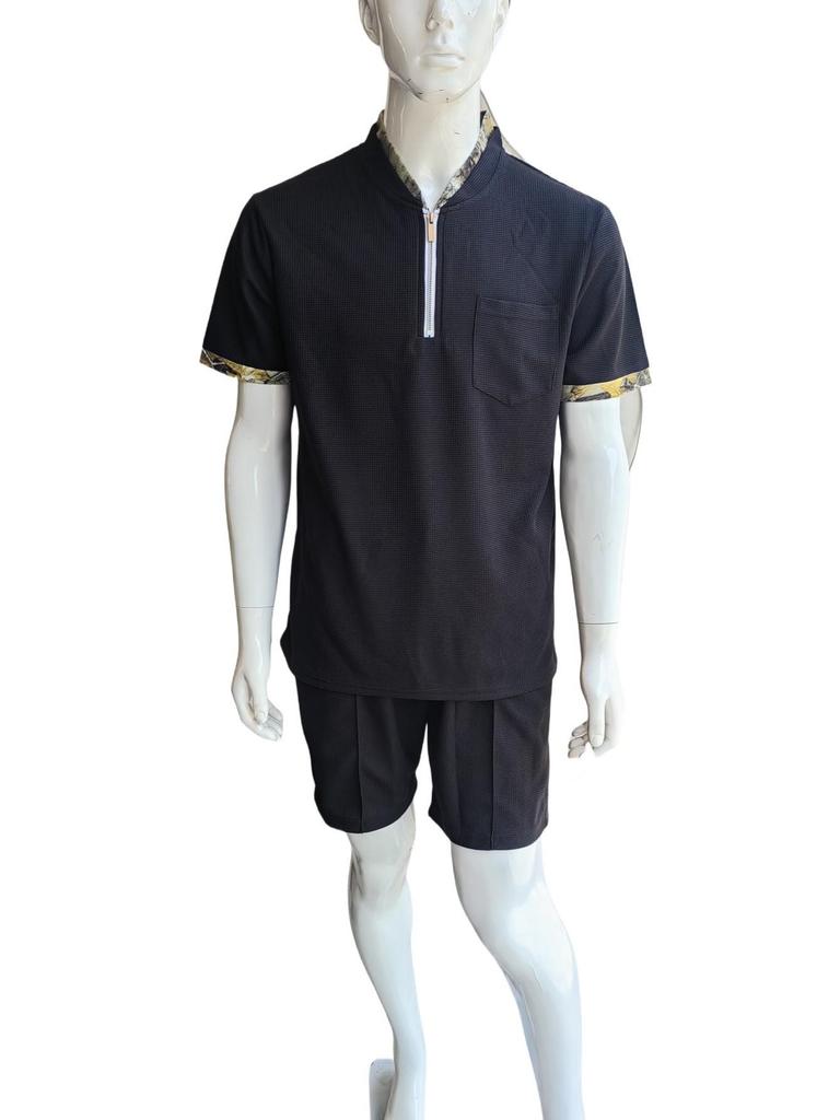 Summer Men's Waffle Texture Color Block Zipper Collar Short Sleeve Shorts Outdoor Set