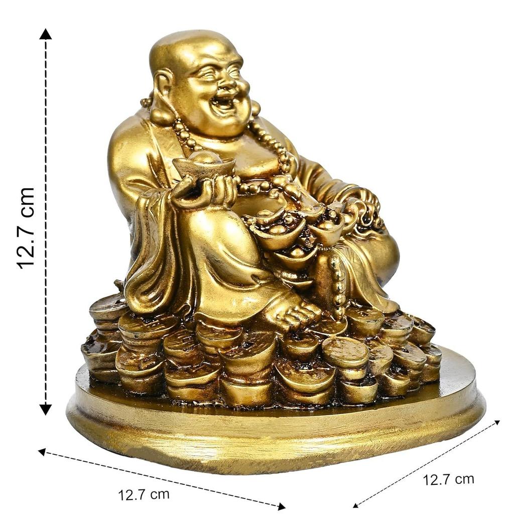 Buddha Idol – Feng Shui Figurine Laughing Buddha Sitting On Luck Money Coins | Golden Ingot for Good Luck & Happiness
