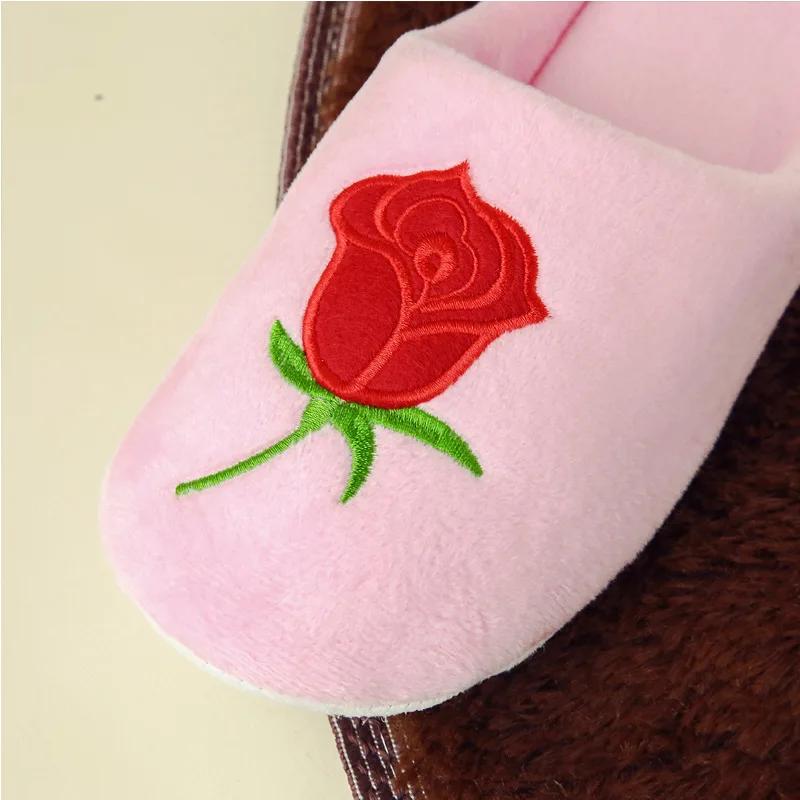 Fashion New Rose Embroidered Soft Bottom Plush Cotton Home Indoor Silent Anti Slip Cotton Slippers