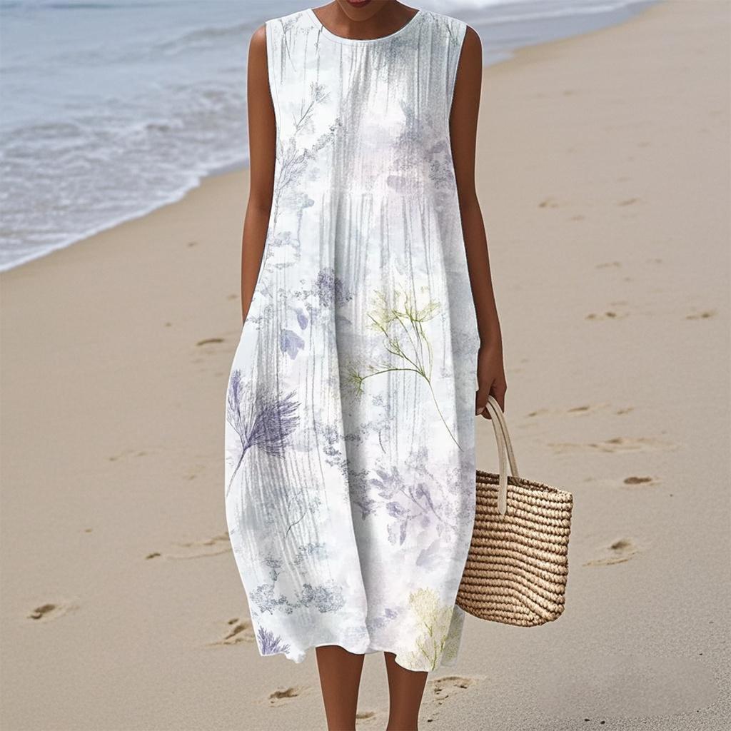 Women's Fashion Casual Sleeveless Round Neck Floral Elegant Temperament Dress
