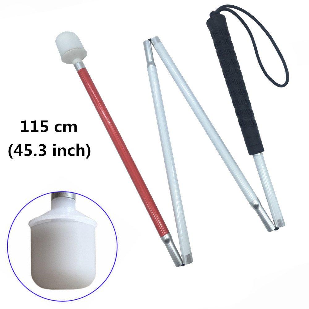 Folding 4-section aluminum white cane for the blind (black rubber grip, 115 cm)