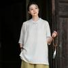 Johnature Vintage Women Shirts Stand Half Sleeve Solid Color Blouses Summer Button Chinese Style Loose Shirts
