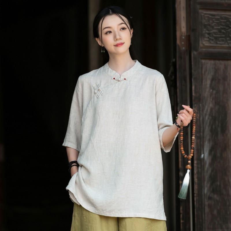 Johnature Vintage Women Shirts Stand Half Sleeve Solid Color Blouses Summer Button Chinese Style Loose Shirts