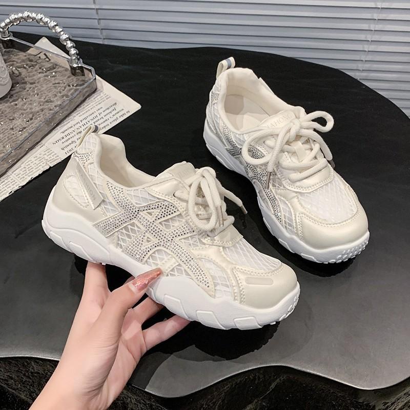 Fashion Rhinestone Leather Breathable Mesh German Training Shoes Women's 2025 New Comfortable Fashion Versatile Casual Forrest Gump Shoes Tide