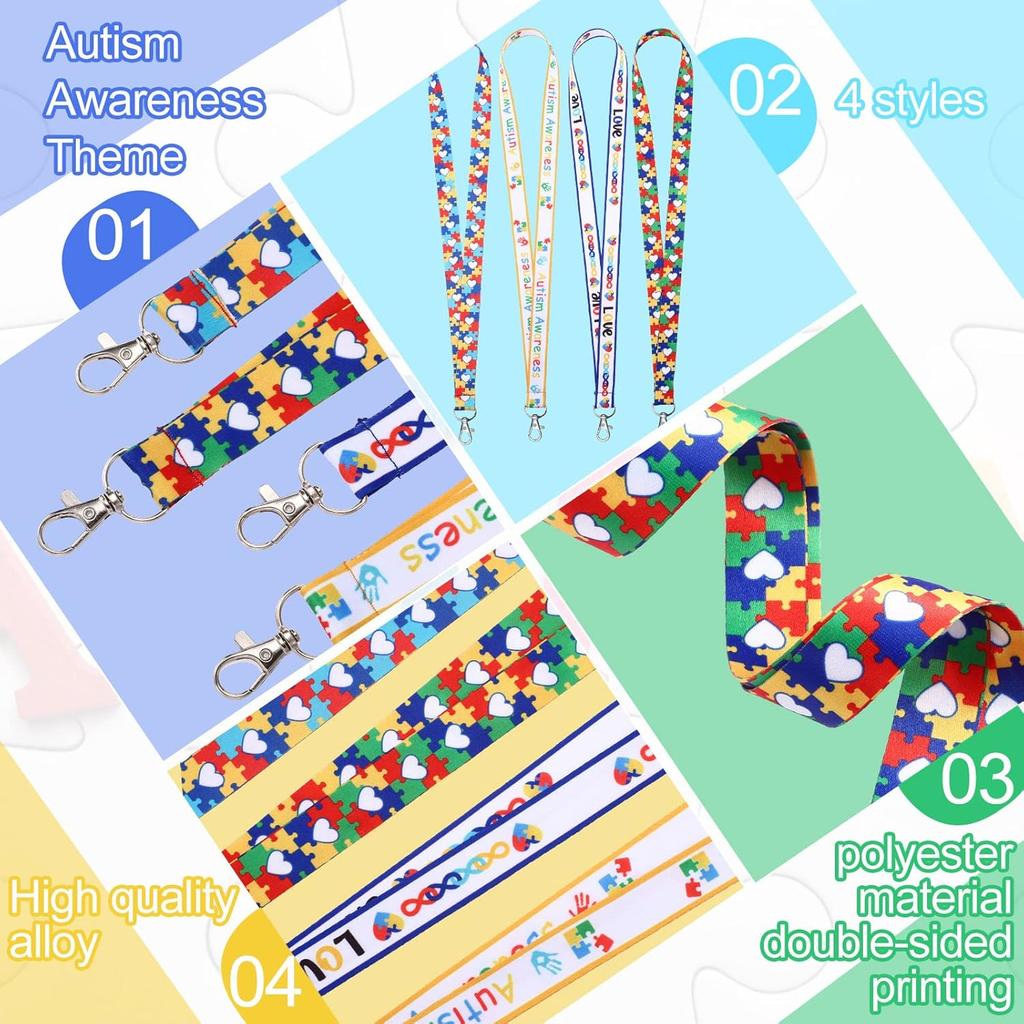 8 Pcs Autism Awareness Puzzle Printed Lanyard with Swivel Hook Autism Lanyard for ID Badges Key Chain for Asperger Awareness