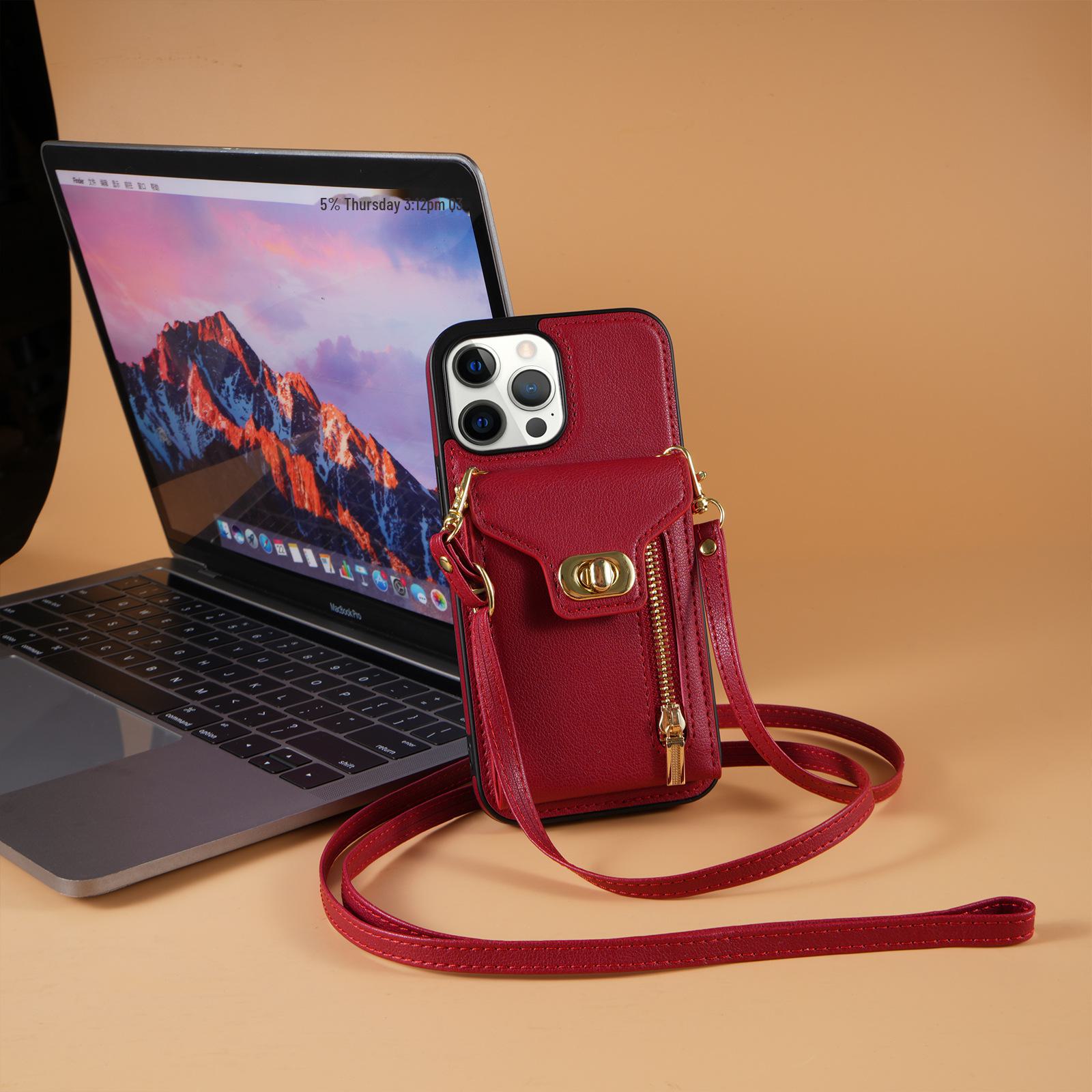 

Чехол-гармошка для телефона Apple 15 14 13 ProMax с боковой молнией, диагональным шнурком и отделением для карт. iPhone 13 красный