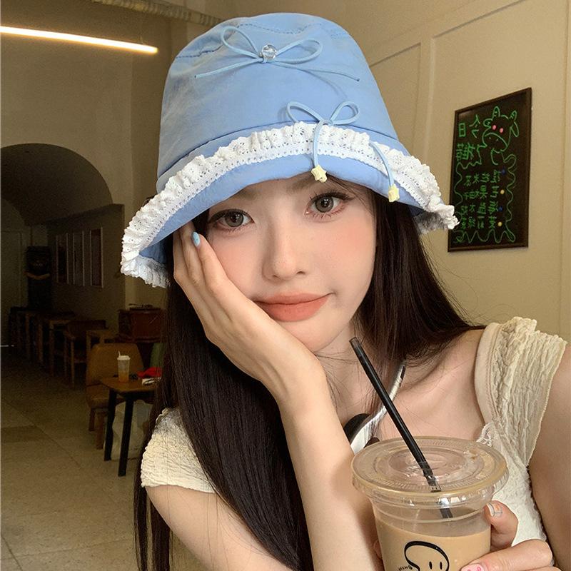 Sweet Lace Bow Bucket Hat for Women Girls Cotton Bowknot Star Fisherman Cap Korean Y2K Basin Hat Outdoor Travel Holiday Sun Hats