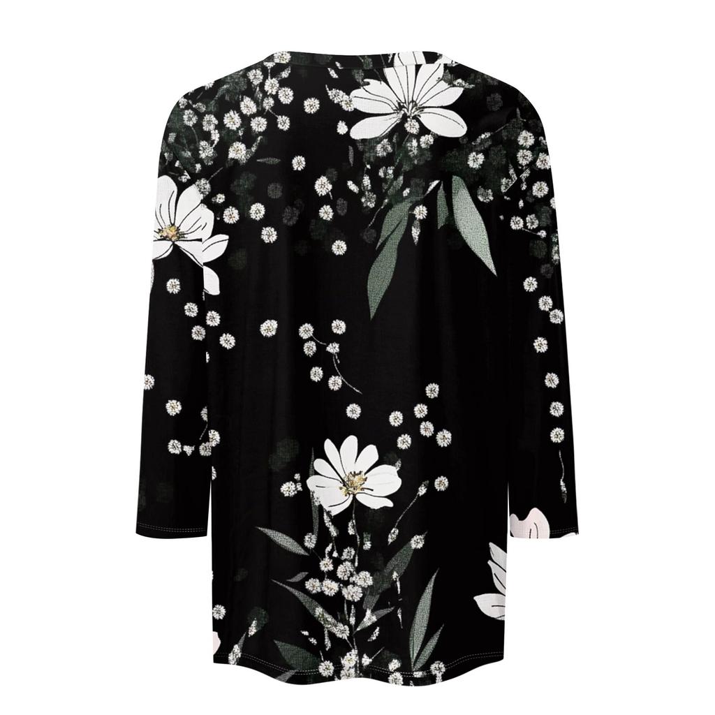 Women's Fashion Casual Three-quarter Sleeve Floral Print Round Neck Top