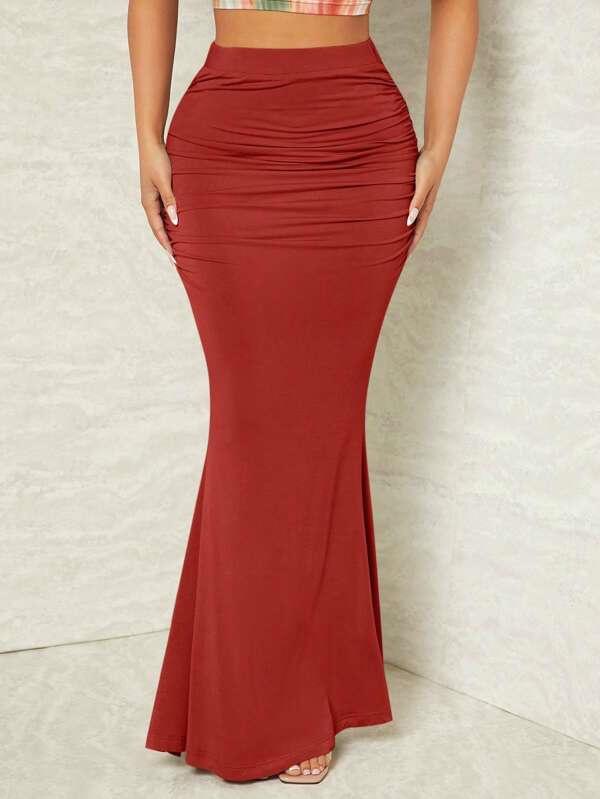 European and American High-Waisted Elastic Pleated Fishtail Midi Skirt for Autumn and Winter