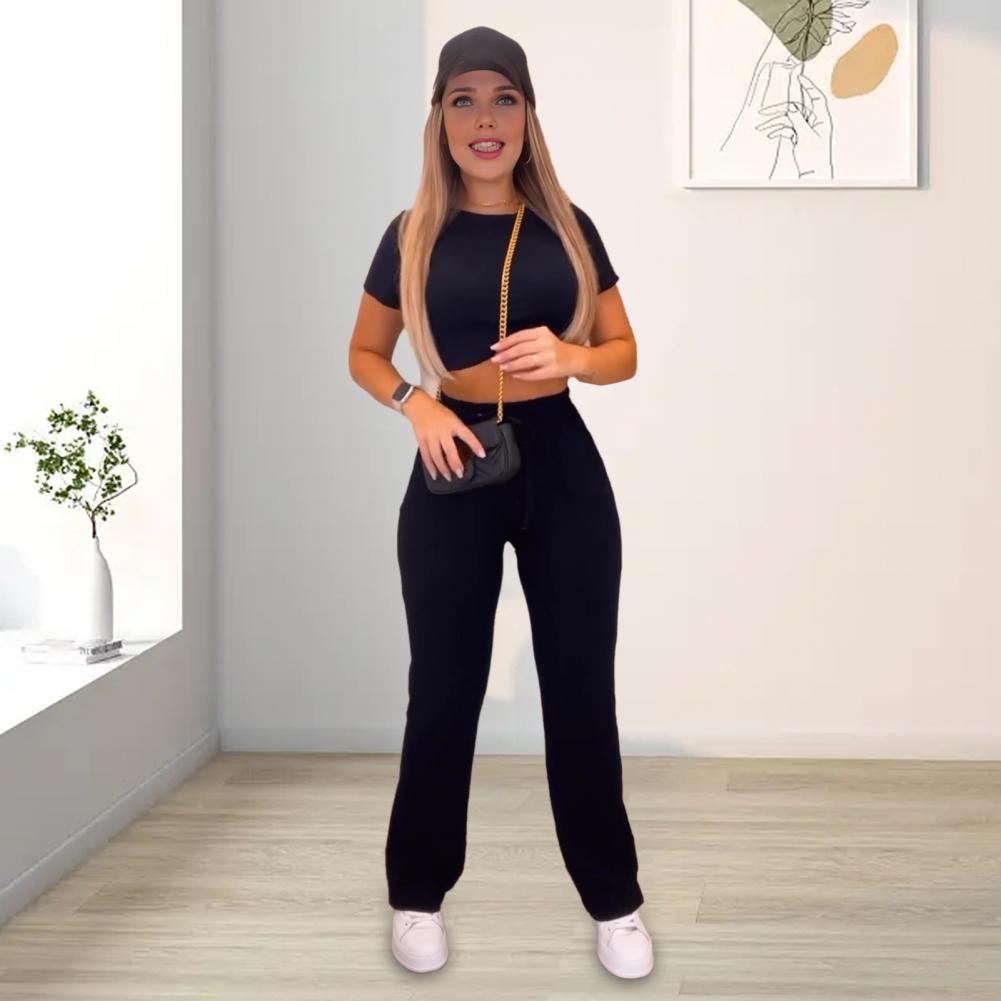 2-Piece Collection Women Crop Top Pants Collection Short Sleeves O Neck Slim Fit Top High-Waist Slim Fit Trousers Tracksuit Sportwwear Pantsuit