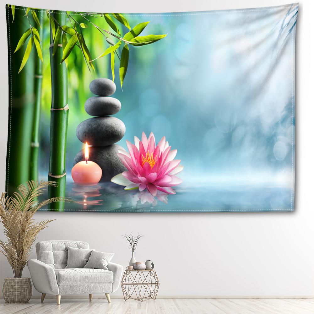 

Камень лотоса и бамбуковый лесной гобелен настенный богемный природный пейзаж минималистский художественный домашний декор для гостиной, спальни 95x73CM