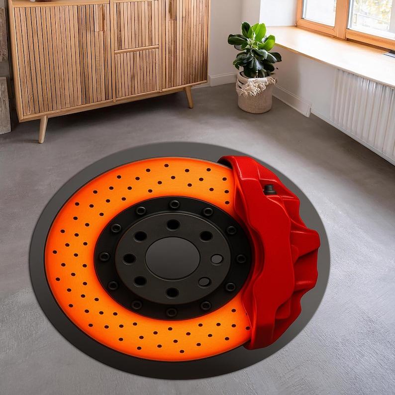 

Brake Disc Round Carpet Hot Wheels Racing Decor Car Enthusiast Rug Red Caliper Auto Garage Floor Mat Sporty Home Rug 60cmx60cm