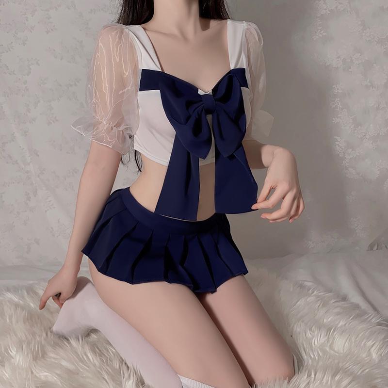School Girl Uniform Sexy Lingerie Women Student Role Play Costume Crotchless Mini Pleated Skirt Bowknot Blouse Set Porn Cosplay