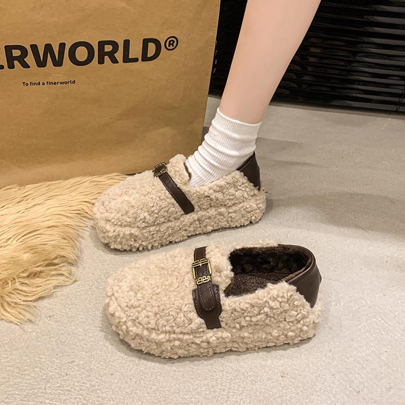 Thick-soled Inner Height-increasing Fluffy Shoes for Women's Outer Wear 2025 New Winter Snow Boots One-pedal Evening Shoes Plush Cotton Shoes