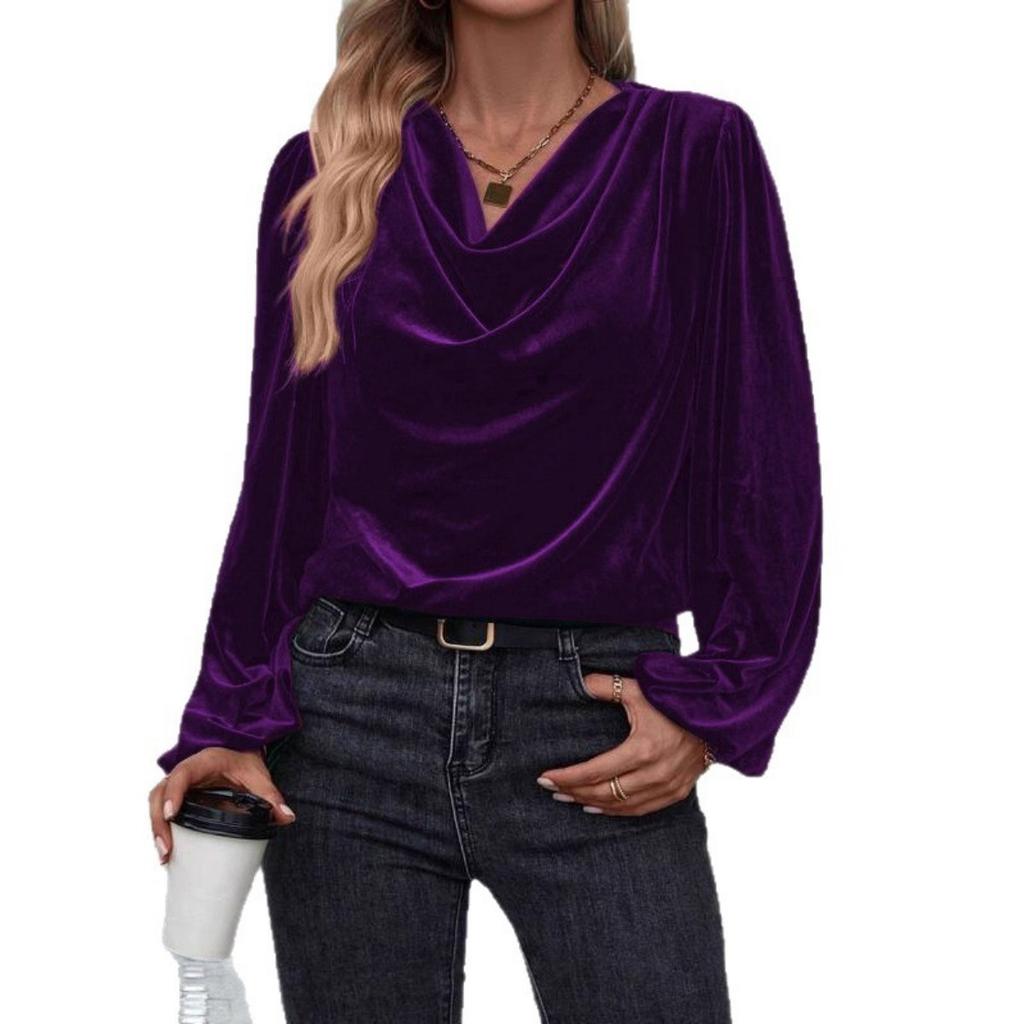 Fall Winter New Women's Long Sleeve Top, Slouchy Cowl Neck Velvet Blouse, Casual Clothing for Women European American Size