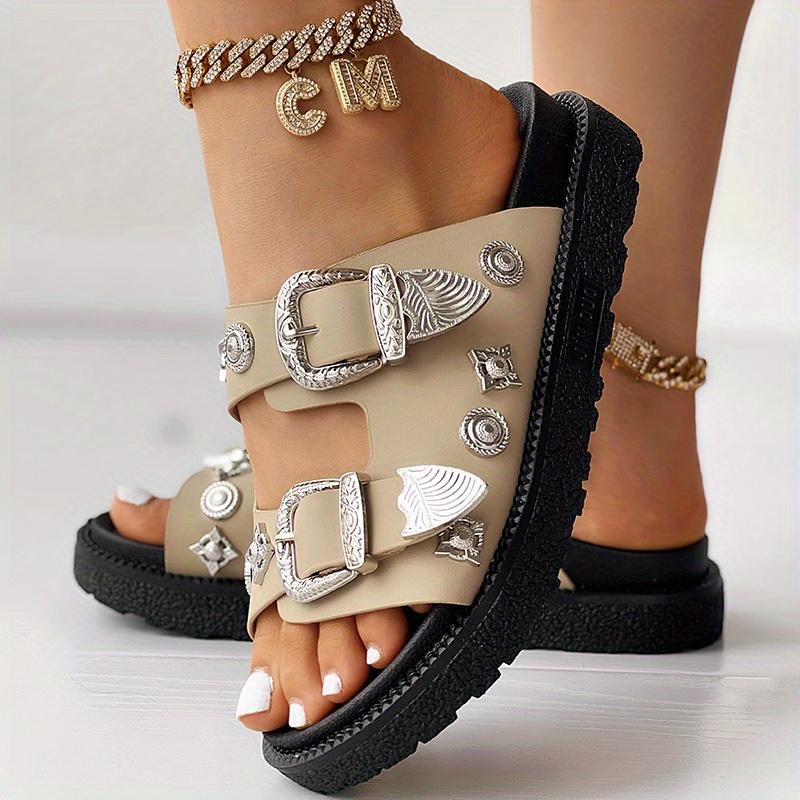 Women's Solid Color Platform Sandals, Double Buckle Design Straps Slip On Thick Bottom Slides Shoes, Summer Comfy Footwear