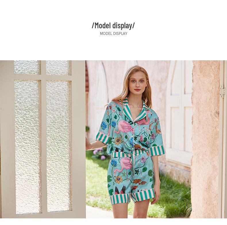 Flamingo IJszijde Zomer Pyjamaset voor Dames - Stijlvol, High-End, Buiten Draagbaar, Korte Mouwen Huispak