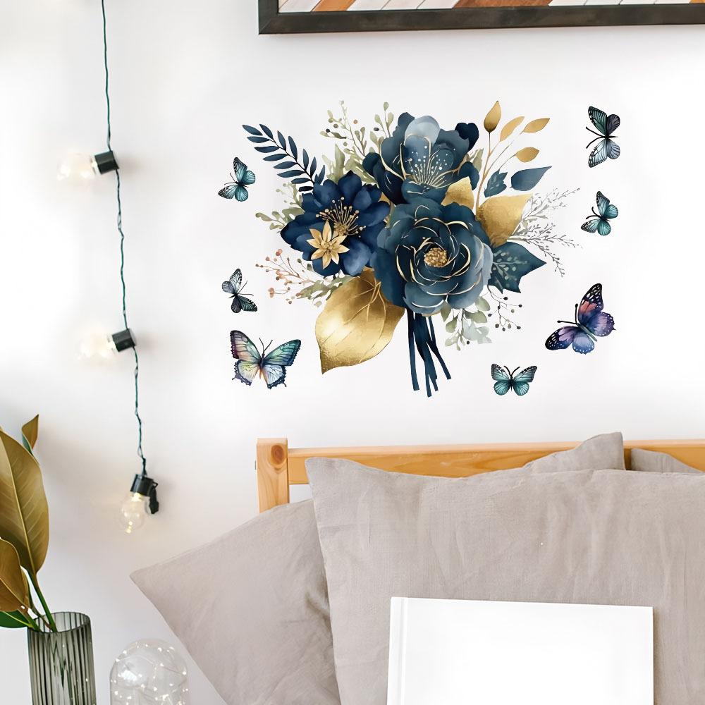 

Самоклеящиеся темно-синие цветы и бабочки Наклейки на стену для спальни, гостиной, прихожей, домашний декор 30x40cm синий