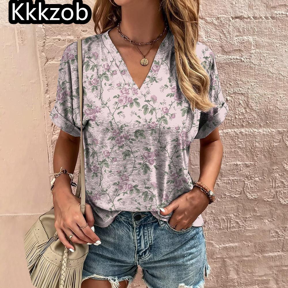 V-neck printed T-shirt floral shirt summer casual blouse fashion ladies clothing