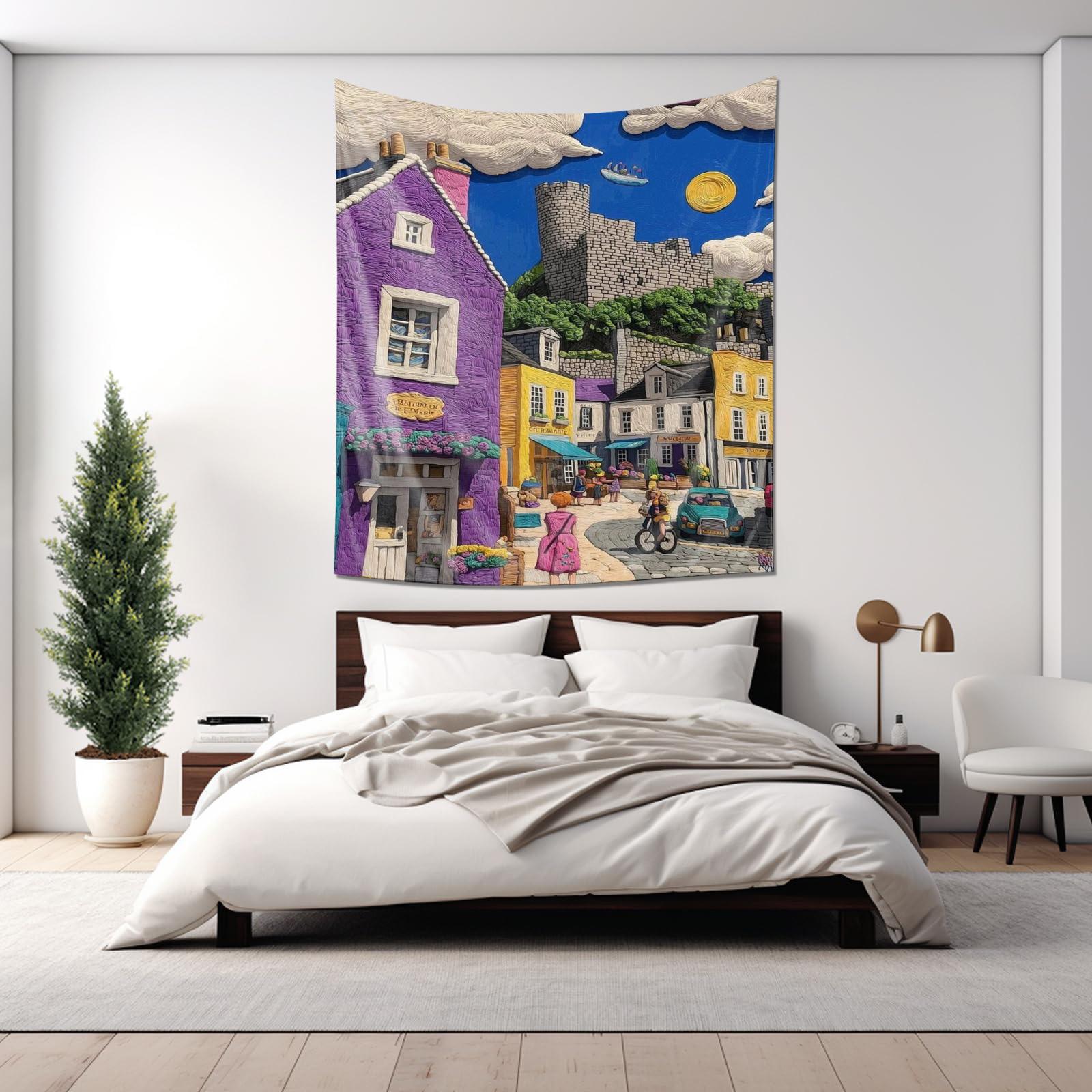 

Charming Townscape Tapestry Romantic Purple Houses and Ancient Castle Murals Decorative Cloth Hanging Art 74x94cm(29x37in)