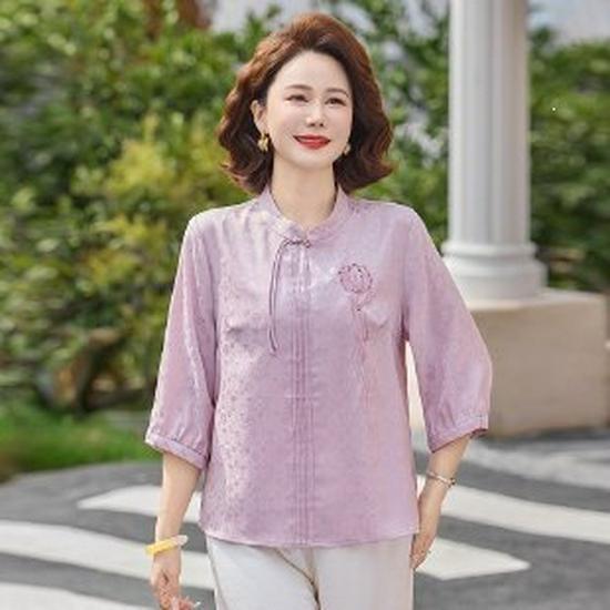 

Elegant Summer Blouse for Mothers: Chinese Style Seven-Sleeve Top for Middle-Aged & Elderly Women 2XL фиолетовый
