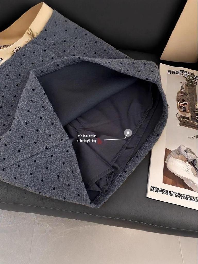Dark Gray Polka Dot Wool A-Line Skirt - Petite Slim High-Waisted, perfect for Autumn and Winter