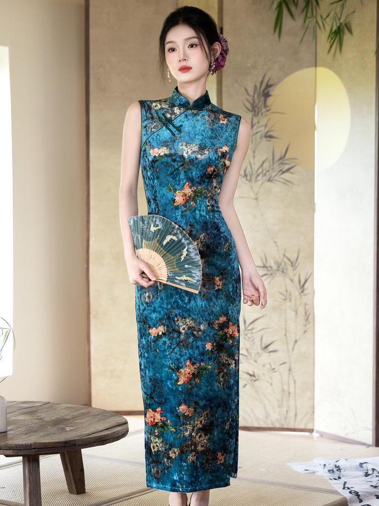 Elegantes 2025 Herbst Samt Cheongsam: Modernes ärmelloses Retro-Design