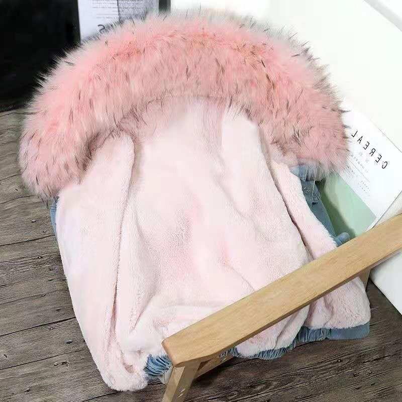 Autumn and winter new denim jacket for women, loose female students, piled and thickened large fur collar hooded jacket for women