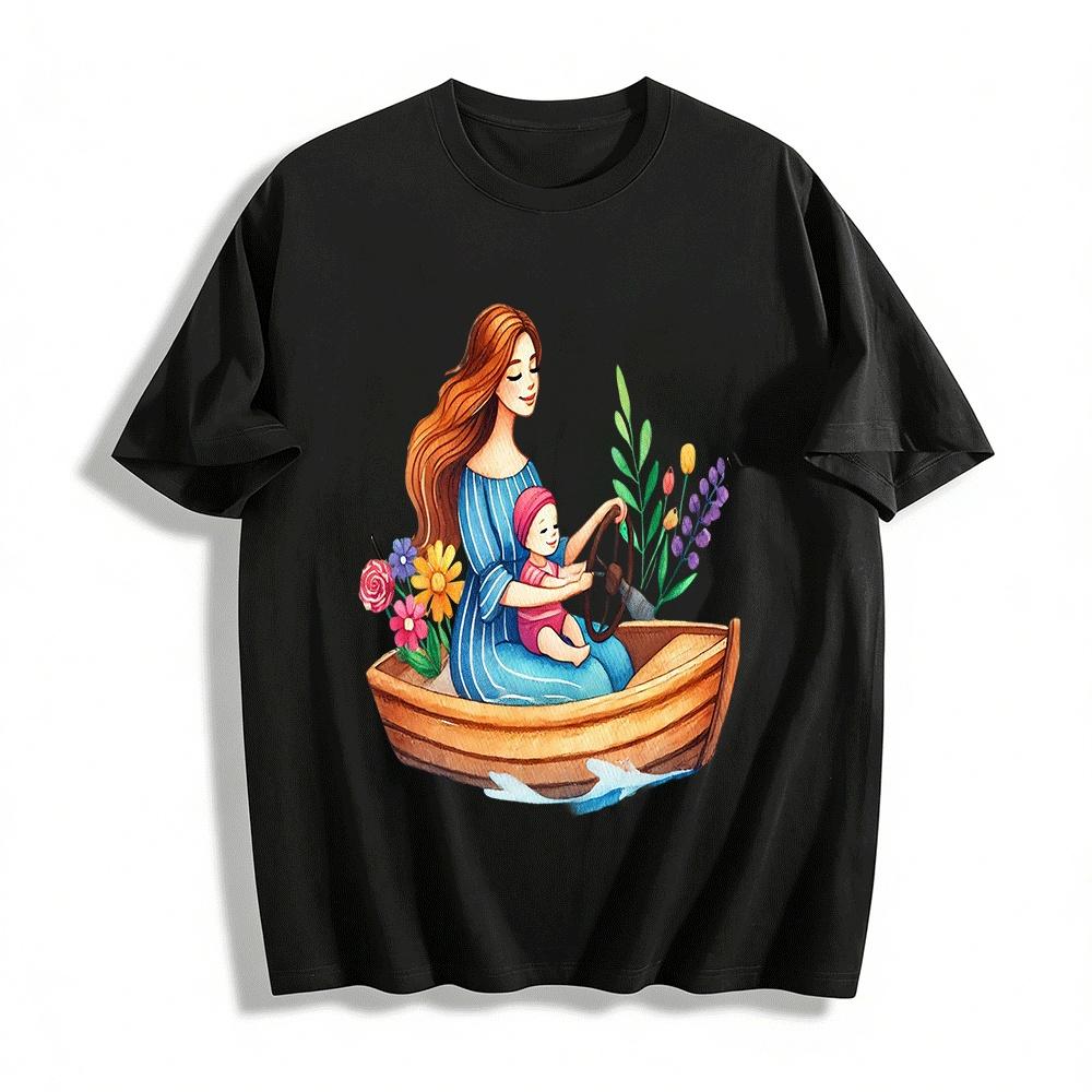 Mom And Baby Rowing Boat Print Casual Top Pure cotton T-shirt XXS
