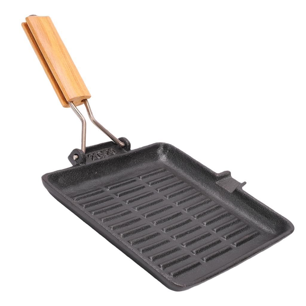 20cm Steak Grill Pan Uncoated Anti Stick Cast Iron Grill Skillet with Wood Handle for Gas Stoves Induction Cooktops