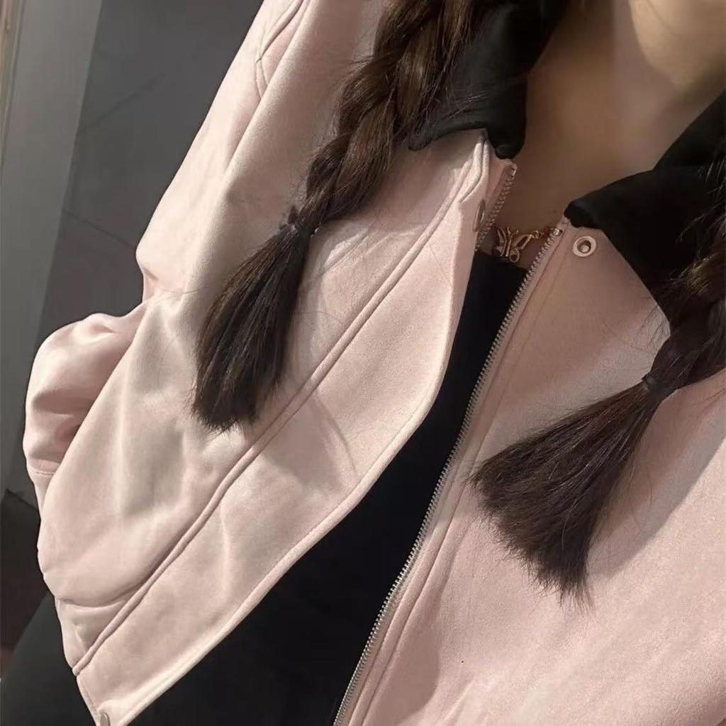 Women's Pink Lapel Casual Baseball Jacket - Loose Fit, Autumn Style
